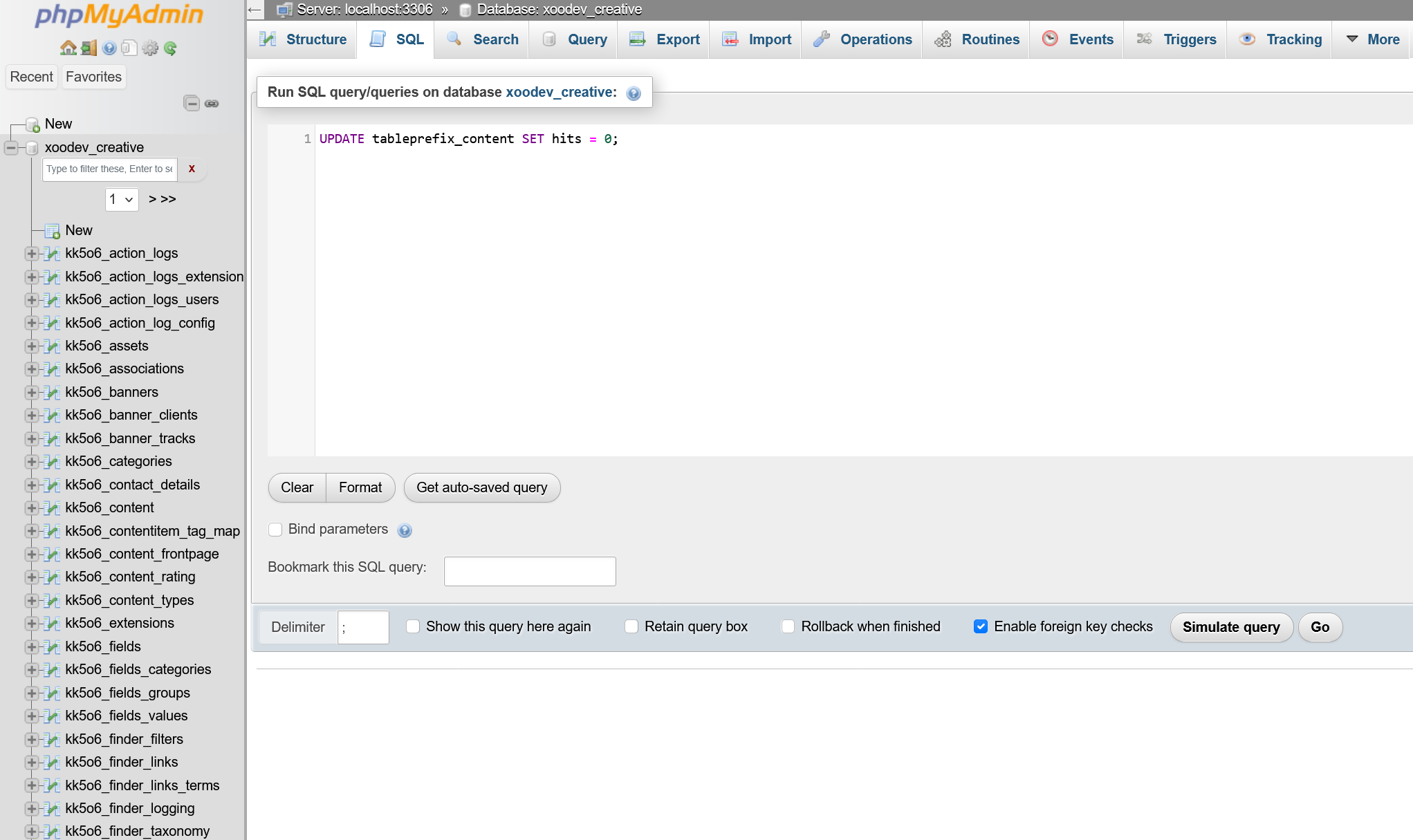 joomla hits reset in phpmyadmin