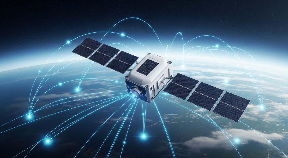 Sleek satellite orbiting Earth with glowing data connections