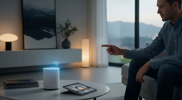 A contemporary living room scene with subtle glowing interfaces emanating from a smart speaker and a tablet, suggesting an intelligent, responsive home environment. A person is casually interacting with the air, symbolizing voice commands, with soft, ambient light filling the room.