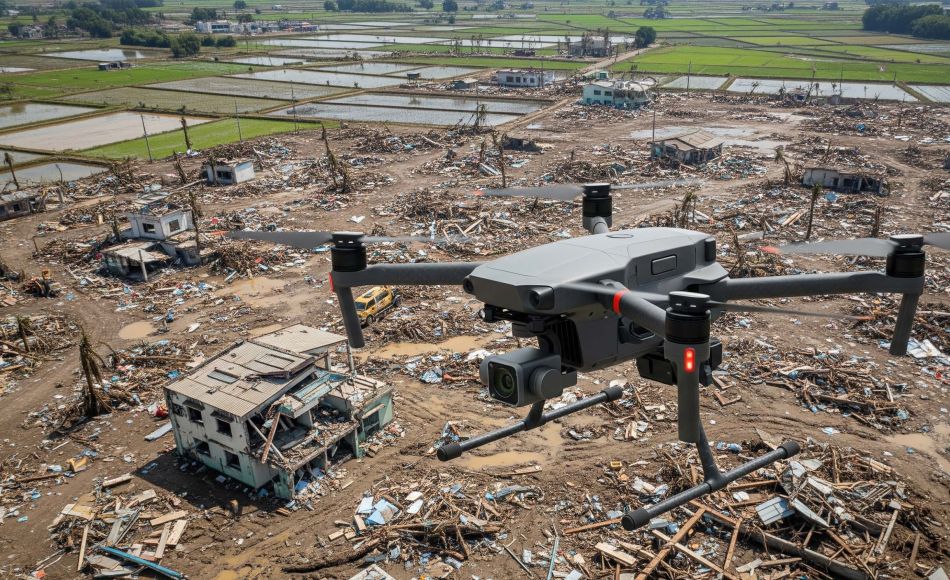 Drone flying over disaster zone aiding with search and rescue.