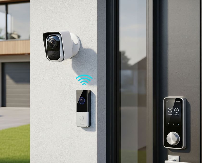 Modern smart home security system with camera and digital locks