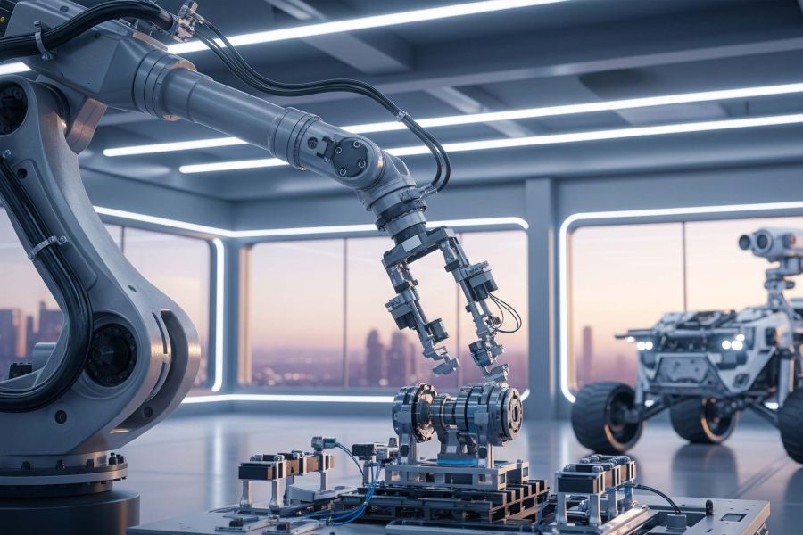 Futuristic robotic arm and space rover in action