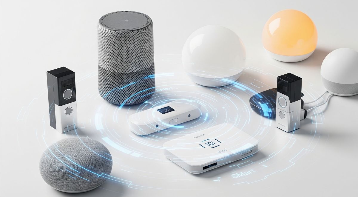 A collection of innovative smart home devices for 2025, including smart speakers, security cameras, smart thermostats, and smart displays, arranged on a clean background.