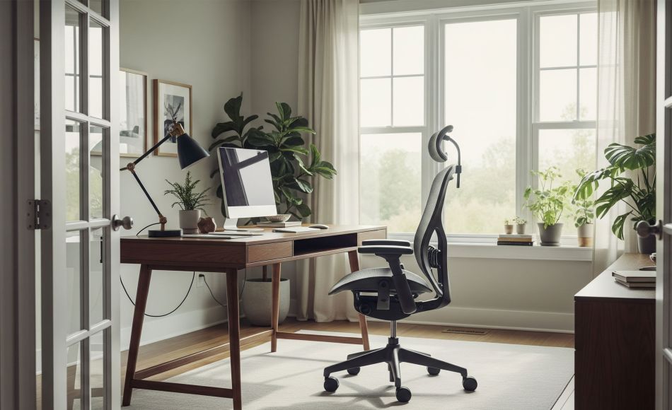A stylish and functional home office with a sleek desk, ergonomic chair, and natural light