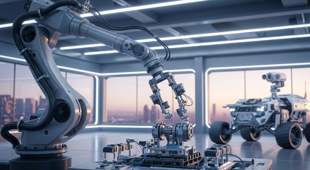 Futuristic robotic arm and space rover in action