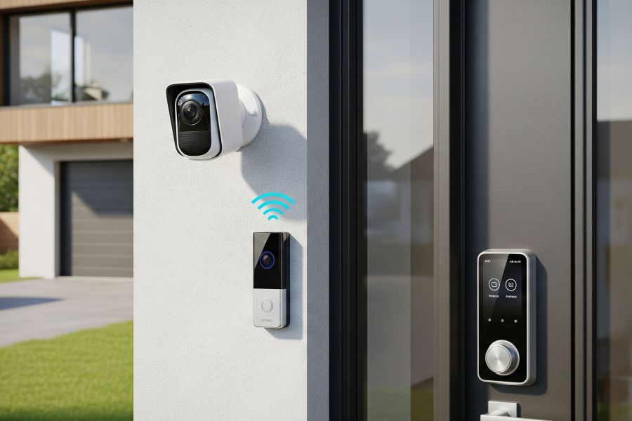 Modern smart home security system with camera and digital locks