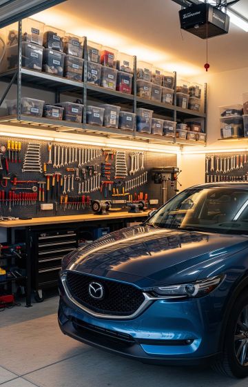 Clean and organized garage with storage shelves and wall-mounted tools