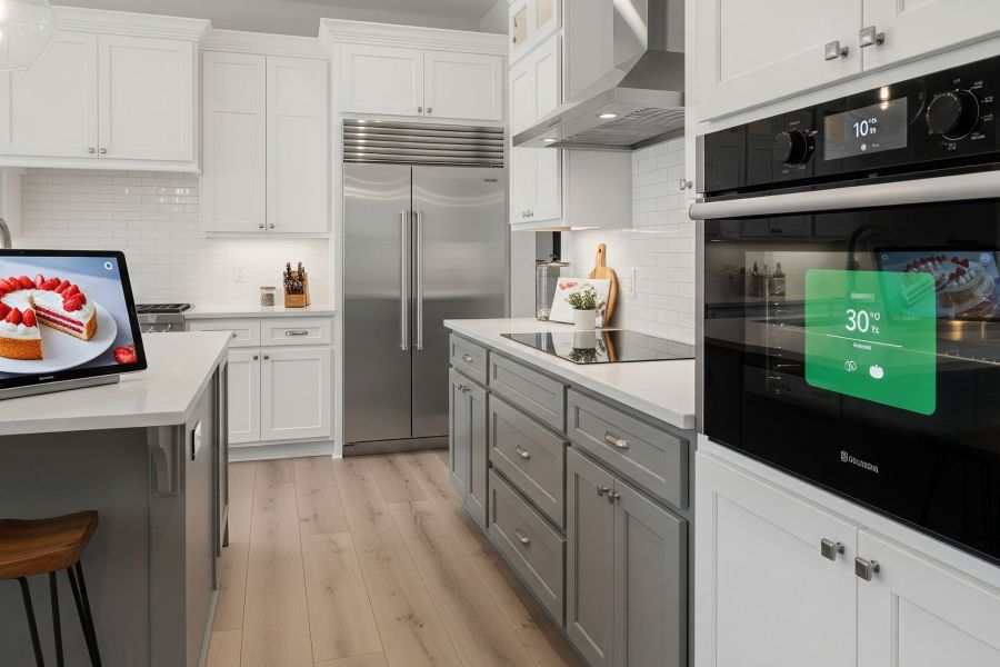 Modern kitchen with various smart appliances in operation.