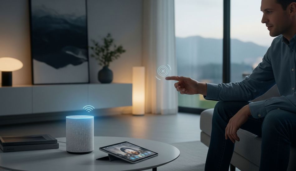 A contemporary living room scene with subtle glowing interfaces emanating from a smart speaker and a tablet, suggesting an intelligent, responsive home environment. A person is casually interacting with the air, symbolizing voice commands, with soft, ambient light filling the room.