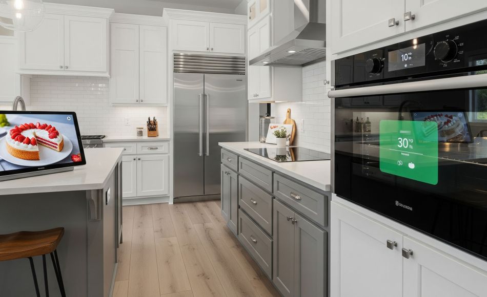 Modern kitchen with various smart appliances in operation.