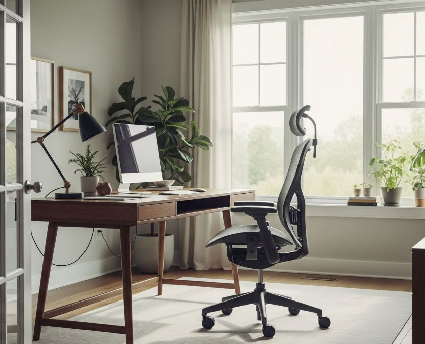 A stylish and functional home office with a sleek desk, ergonomic chair, and natural light