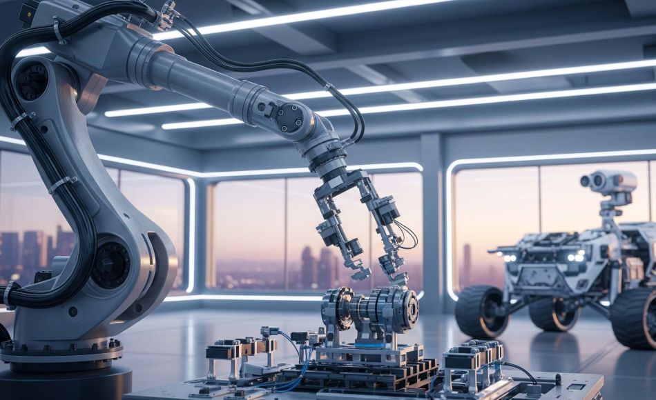 Futuristic robotic arm and space rover in action