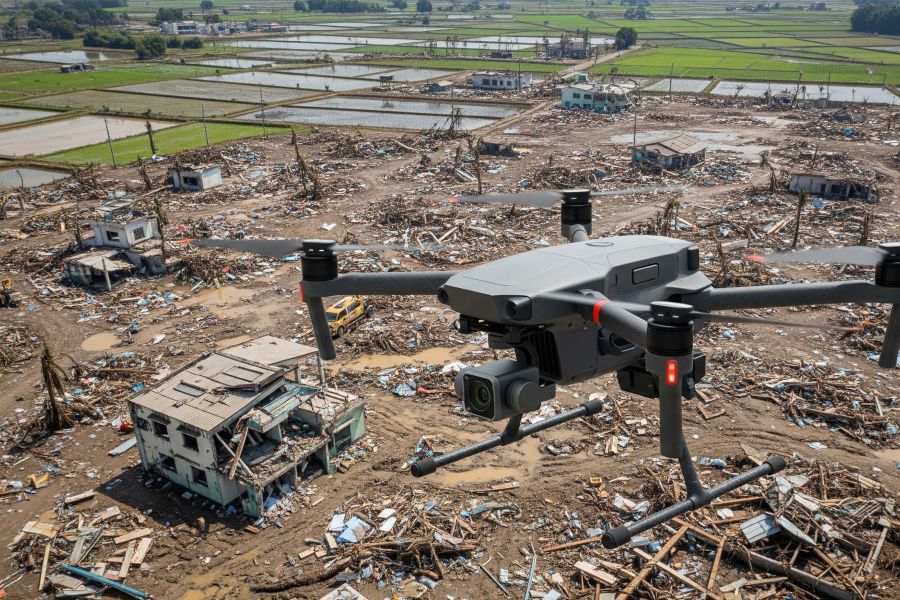 Drone flying over disaster zone aiding with search and rescue.