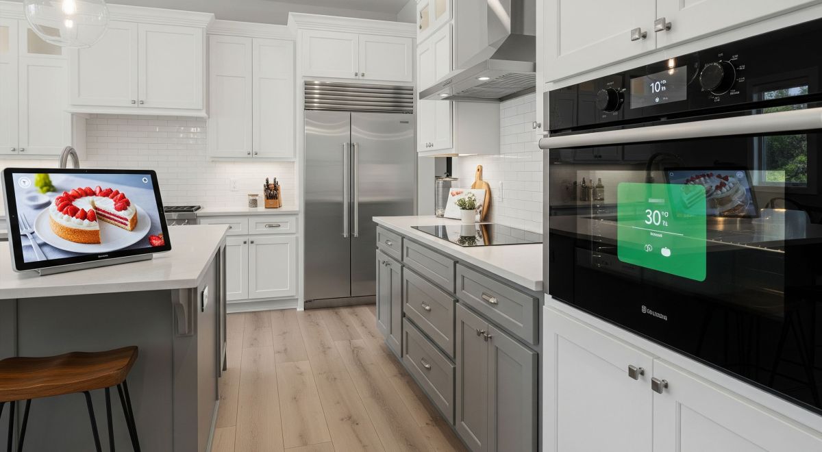 Modern kitchen with various smart appliances in operation.