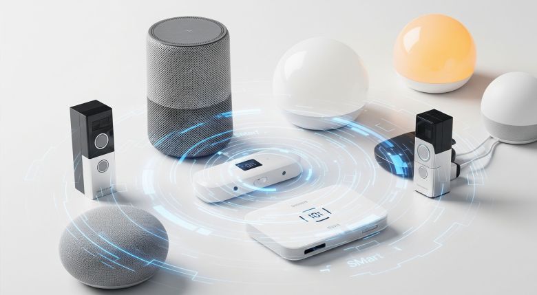 A collection of innovative smart home devices for 2025, including smart speakers, security cameras, smart thermostats, and smart displays, arranged on a clean background.