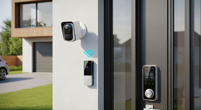 Modern smart home security system with camera and digital locks